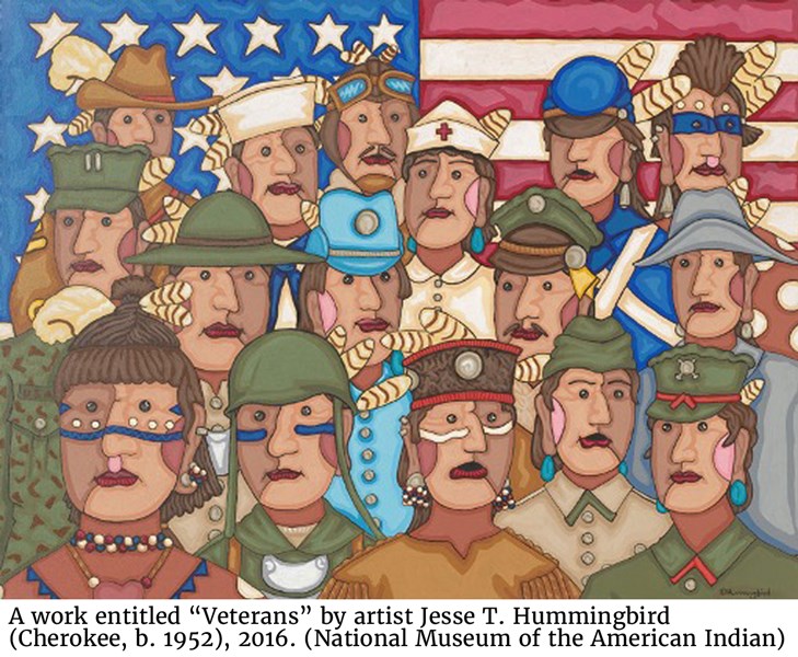 A work entitled “Veterans” by artist Jesse T. Hummingbird (Cherokee, b. 1952), 2016. (National Museum of the American Indian)