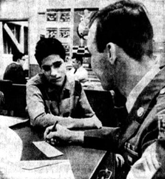 Newspaper article of Stephen Bigley, at age 17, telling the sergeant at main recruitment center in Chicago that he would like to wear a Green Beret like his father, Sgt. George C. Bigley, who was the first Chicago area soldier killed in Vietnam. (UPI/Unifax)