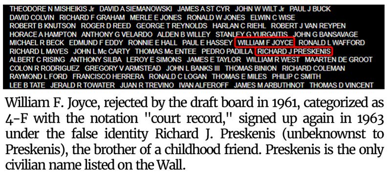 William F. Joyce, rejected by the draft board in 1961, categorized as 4-F with the notation "court record," signed up again in 1963 under the false identity Richard J. Preskenis (unbeknownst to Preskenis), the brother of a childhood friend. Preskenis is the only civilian name listed on the Wall.