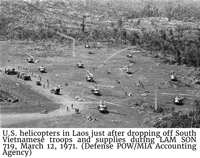 U.S. helicopters in Laos just after dropping off South Vietnamese troops and supplies during LAM SON 719.
