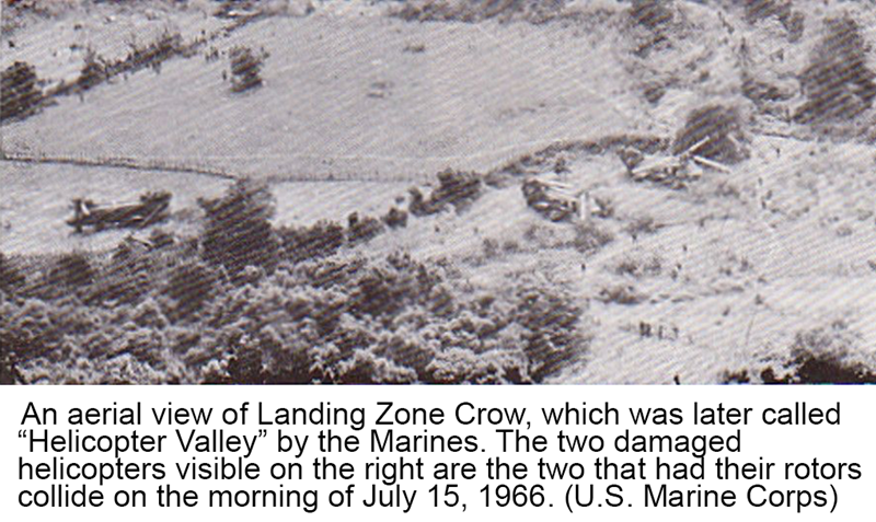 An aerial view of Landing Zone Crow, which was later called “Helicopter Valley” by the Marines. The two damaged helicopters visible on the right are the two that had their rotors collide on the morning of July 15, 1966. (U.S. Marine Corps)