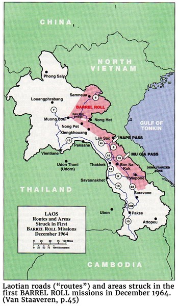 Laotian roads (“routes”) and areas struck in the first BARREL ROLL missions in December 1964. (Van Staaveren, p.45)  For digital file: https://en.wikipedia.org/wiki/Operation_Barrel_Roll#/media/File:BR65.jpg