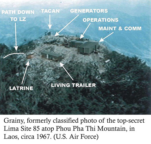 Grainy, formerly classified photo of the top-secret Lima Site 85 atop Phou Pha Thi Mountain, in Laos, circa 1967. (U.S. Air Force)