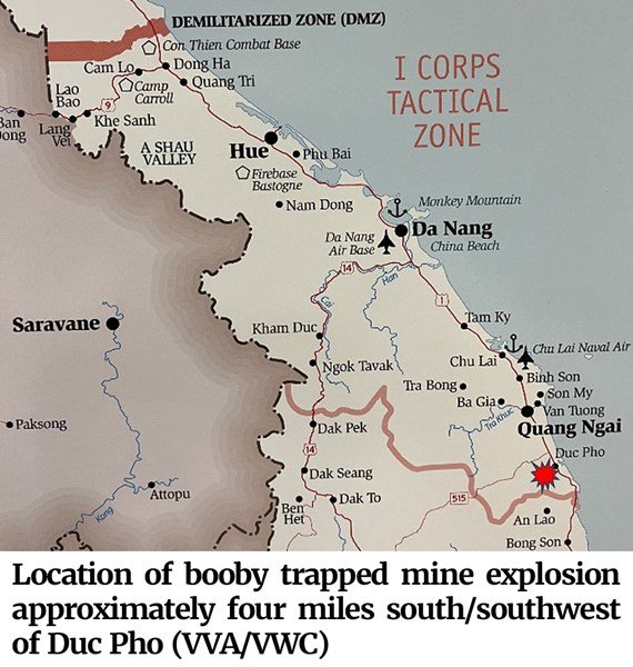 Map of the location of the booby trapped mine explosion, approximately four miles south/southwest of Duc Pho (VVA/VWC)