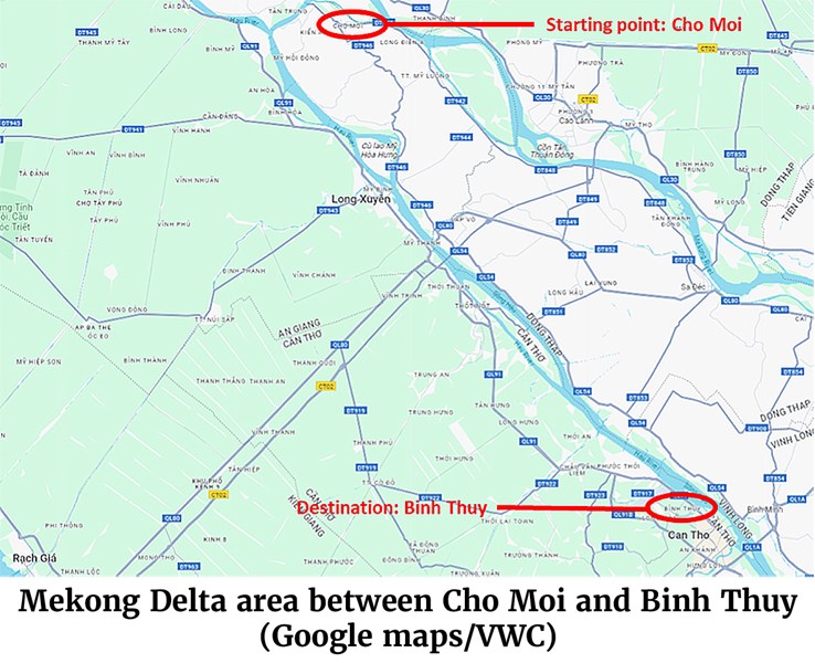 Map of the Mekong Delta area between Chu Moi and Binh Thuy (Google maps/VWC)