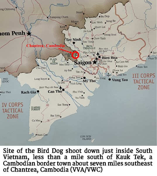 Map of the site of the Bird Dog shoot down just inside South Vietnam, less than a mile south of Kauk Tek, a Cambodian border town about seven miles southeast of Chantrea, Cambodia (VVA/VWC)
