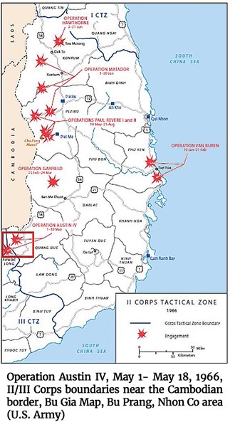 Map of Operation Austin IV, May 1- May 18, 1966, II/III Corps boundaries near the Cambodian border, Bu Gia Map, Bu Prang, Nhon Co area (U.S. Army)