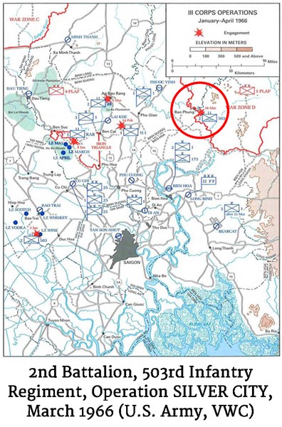 Map of the 2nd Battalion, 503rd Infantry Regiment, Operation SILVER CITY, March 1966 (U.S. Army, VWC)
