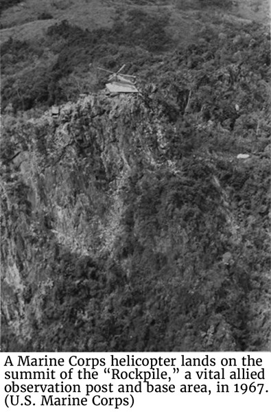 Marine Corps helicopter lands on the summit of the “Rockpile,” a vital allied observation post and base area, in 1967. (U.S. Marine Corps)