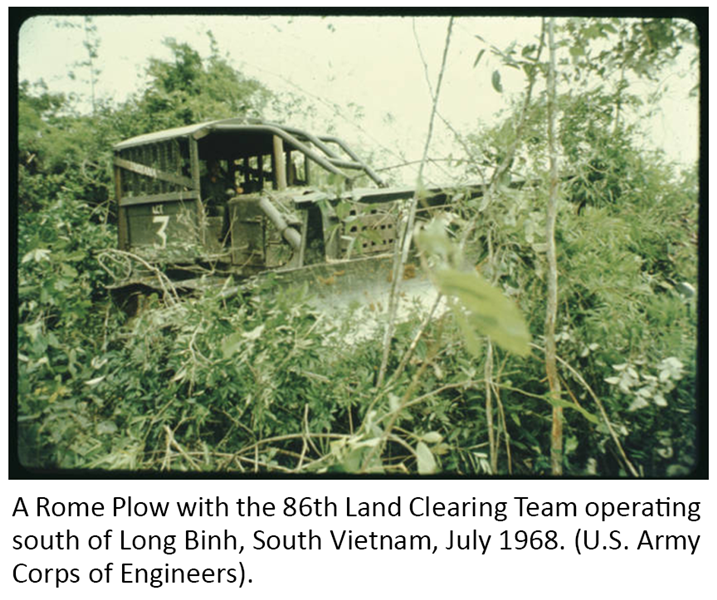 A Rome Plow with the 86th Land Clearing Team operating south of Long Binh, South Vietnam, July 1968. (U.S. Army Corps of Engineers)