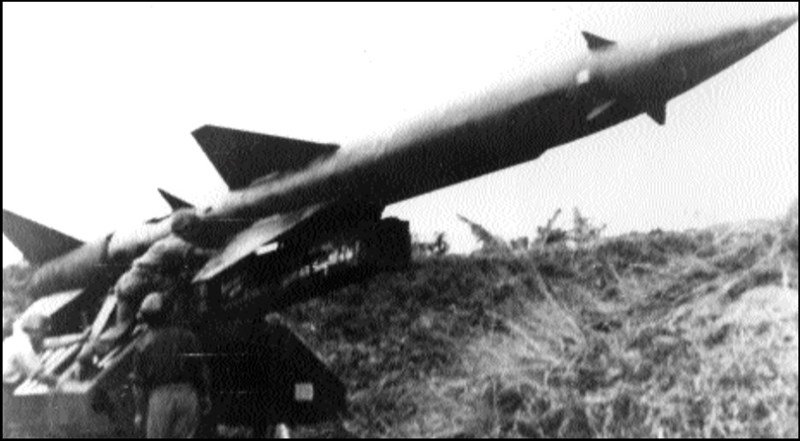 Photo of a Communist SA-2 surface-to-air missile on its launcher. Pilots often referred to the fearsome SAMs as "telephone poles with fins." (U.S. Air Force)