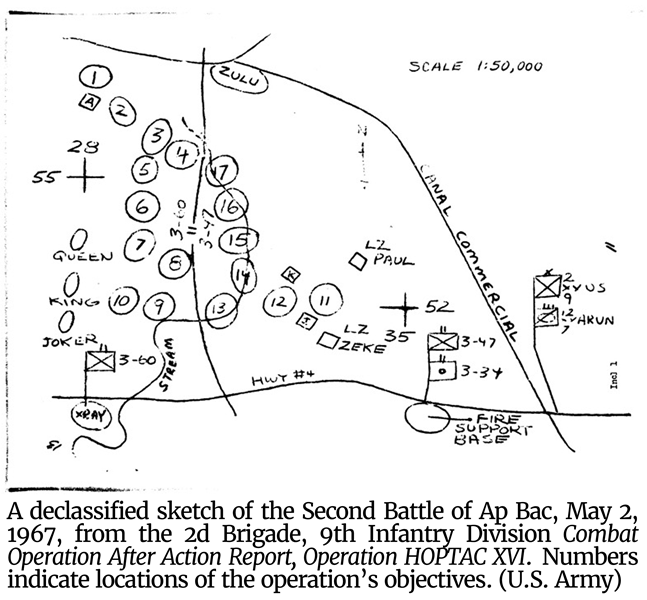 A declassified sketch of the Second Battle of Ap Bac, May 2, 1967, from the 2d Brigade, 9th Infantry Division Combat Operation After Action Report, Operation HOPTAC XVI. Numbers indicate locations of the operation’s objectives. 