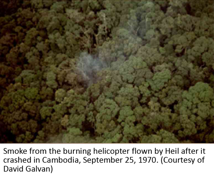Smoke from the burning helicopter flown by Heil after it crashed in Cambodia, September 25, 1970. (Courtesy of David Galvan)