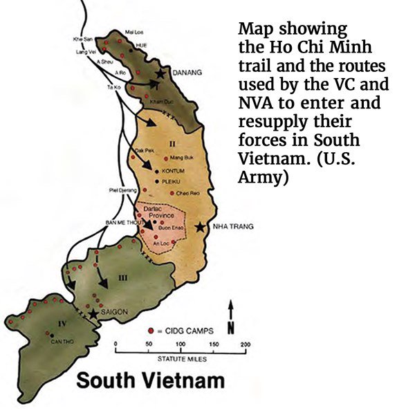 Map showing the Ho Chi Minh trail and the routes used by the VC and NVA to enter and resupply their forces in South Vietnam. (U.S. Army)
