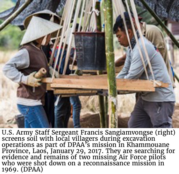 U.S. Army Staff Sergeant Francis Sangiamvongse (right) screens soil with local villagers during excavation operations as part of DPAA’s mission in Khammouane Province, Laos, January 29, 2017. They are searching for evidence and remains of two missing Air Force pilots who were shot down on a reconnaissance mission in 1969. (DPAA)