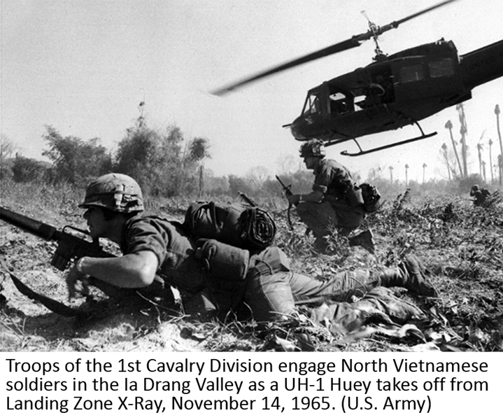 Troops of the 1st Cavalry Division engage North Vietnamese soldiers in the Ia Drang Valley as a UH-1 Huey takes off from Landing Zone X-Ray, November 14, 1965. (U.S. Army)