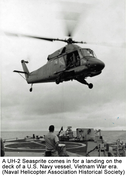 A UH-2 Seasprite comes in for a landing on the deck of a U.S. Navy vessel, Vietnam War era. (Naval Helicopter Association Historical Society)