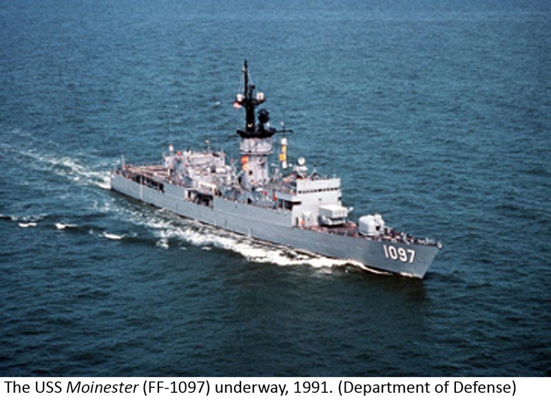 The USS Moinester (FF-1097) underway, 1991. (Department of Defense)