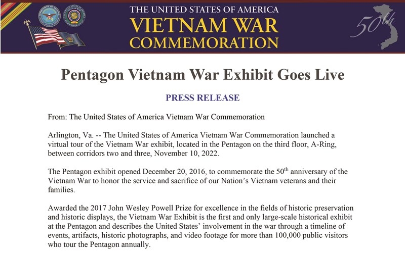 Pentagon Vietnam War Exhibit Press Release