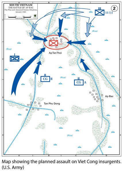 Map showing the planned assault on Viet Cong insurgents outside Ap Bac. The assault was ultimately a failure. (U.S. Army)