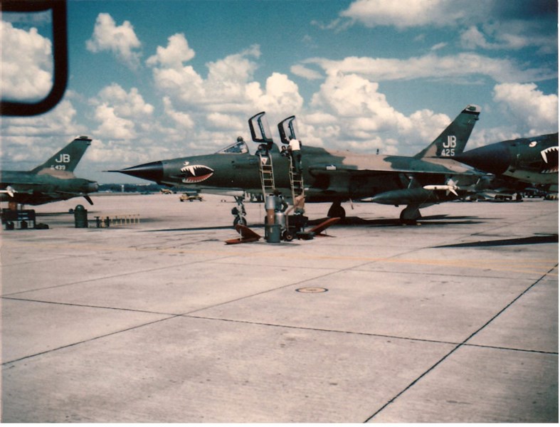 F-105 Thunderchief “Wild Weasels” of the 388th Tactical Fighter Wing parked on the tarmac at Korat Royal Thai Air Force Base, circa 1972. The missile visible under the wing is a AGM-45, the same type that exploded and killed Lathon, Daubendiek, and the four Royal Thai Air Force airmen. (U.S. Air Force)