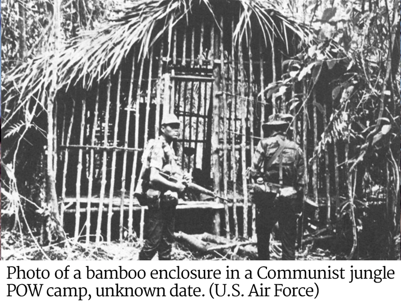 a bamboo enclosure in a Communist jungle POW camp