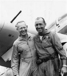 Major Dafford Wayne "Jump" Myers (right) and Major Bernard Francis "Bernie" Fisher (left), Medal of Honor recipient, after Fisher's daring rescue of his wingman, March 1966. (U.S. Air Force)