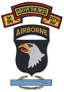 Photo of First Battalion, 327th Infantry “Screaming Eagles” Insignia with Combat Infantryman Badge.