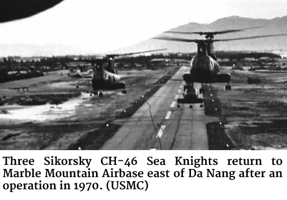 Photo of three Sikorsky CH-46 Sea Knights returingn to Marble Mountain Airbase east of Da Nang after an operation in 1970. (USMC)