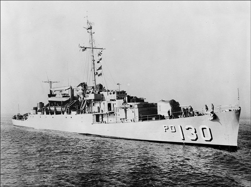 Photo of the high-speed transport USS Cook (APD-130) taken in 1956. The Cook was the vessel from which the Marine Force Recon team disembarked on April 23, 1965. 