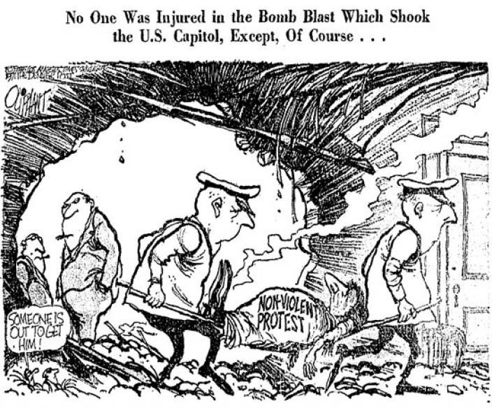 This cartoon from the Washington Post indicates the supposed arrival of a new phase in protests against the war, March 1971.  (Washington Post)